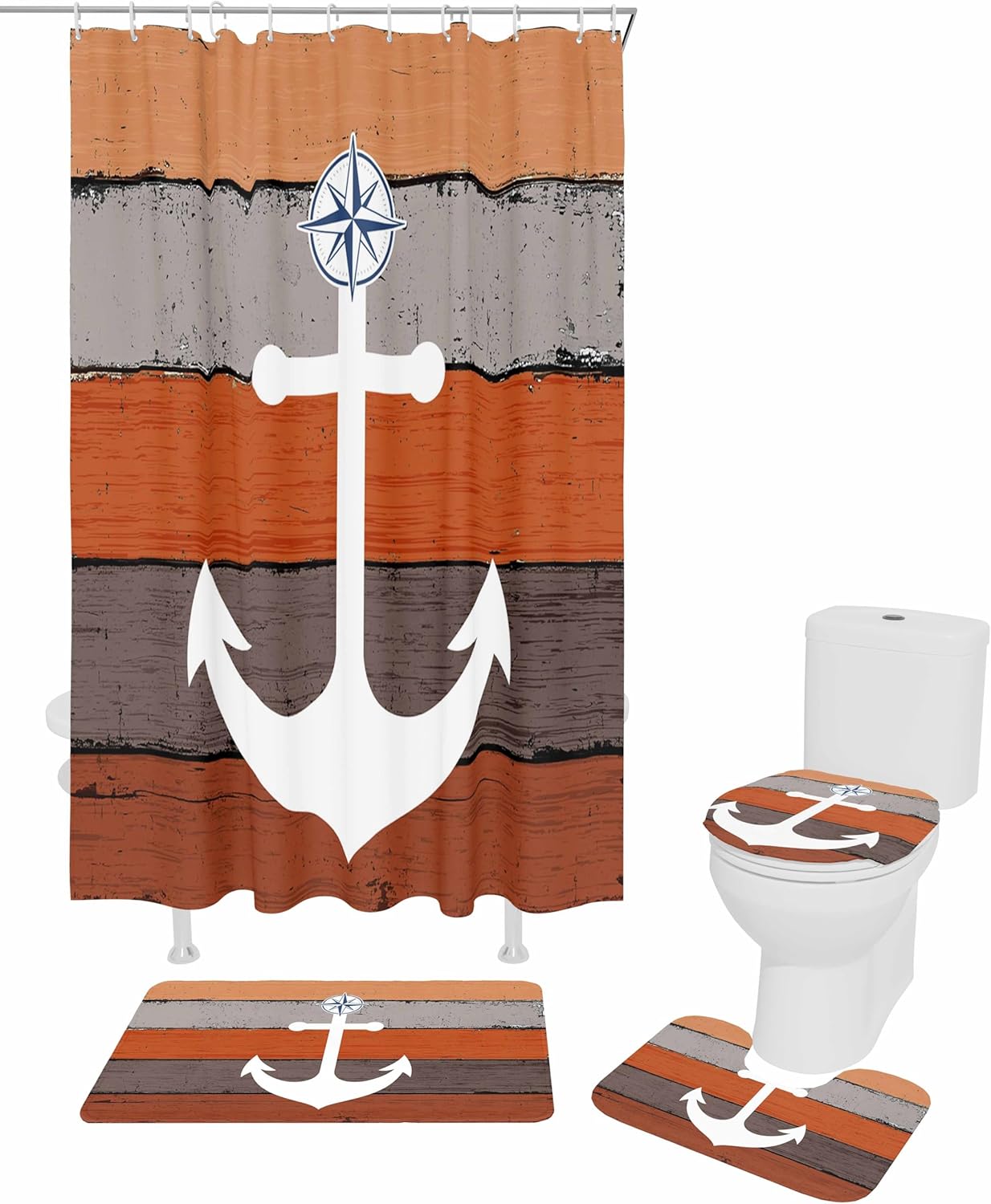 Anchor Orange Bathroom Set with Shower Curtain and Rug