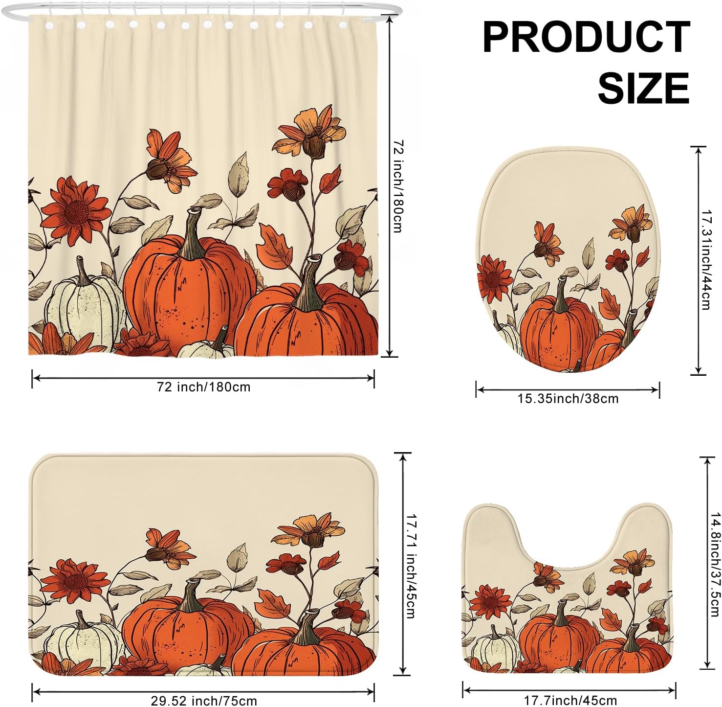 4PCS Fall Cream Pumpkin Bath Set with Non-Slip Rug and U Shape