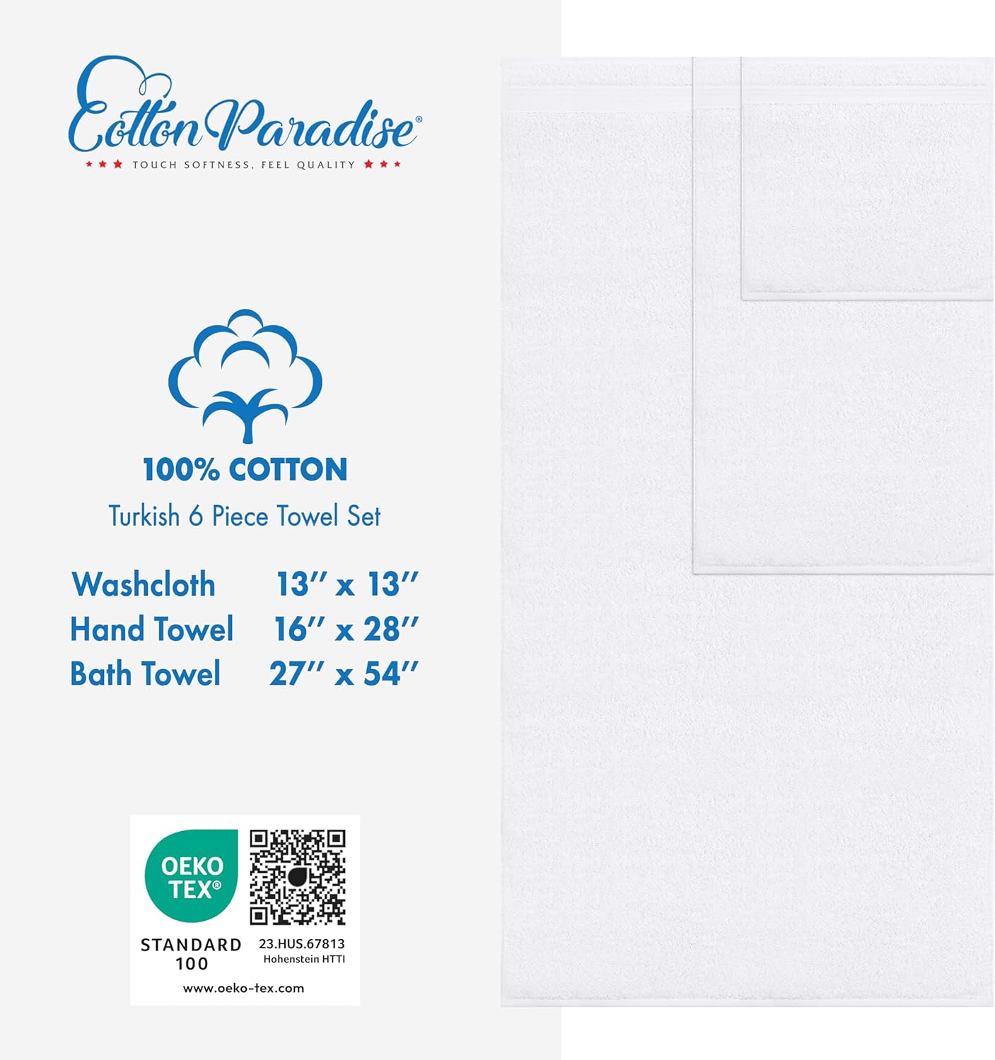 Cotton Paradise 6 Piece White Towel Set 1