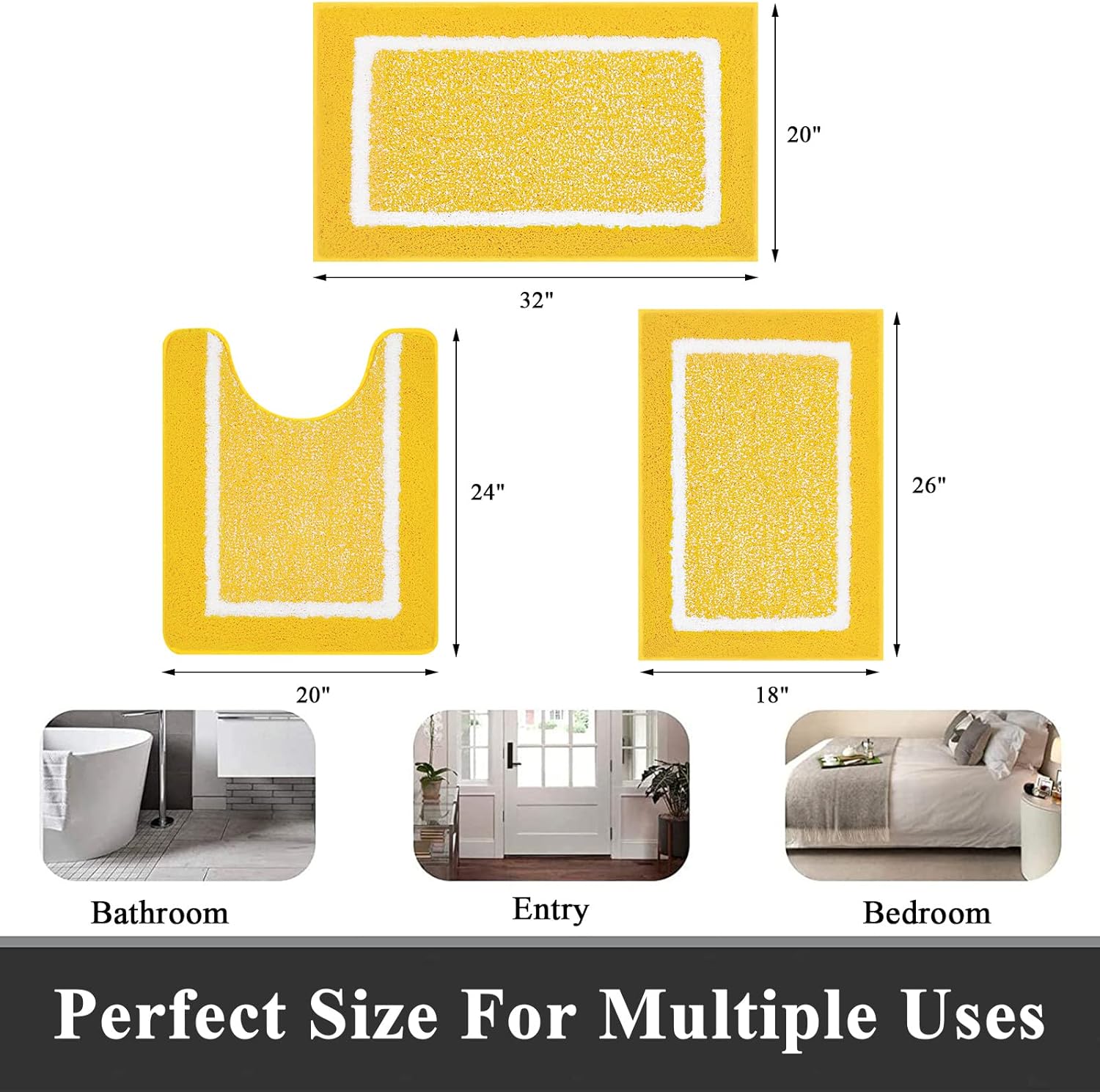 Pauwer 3-Piece Bathroom Rugs Set - Yellow