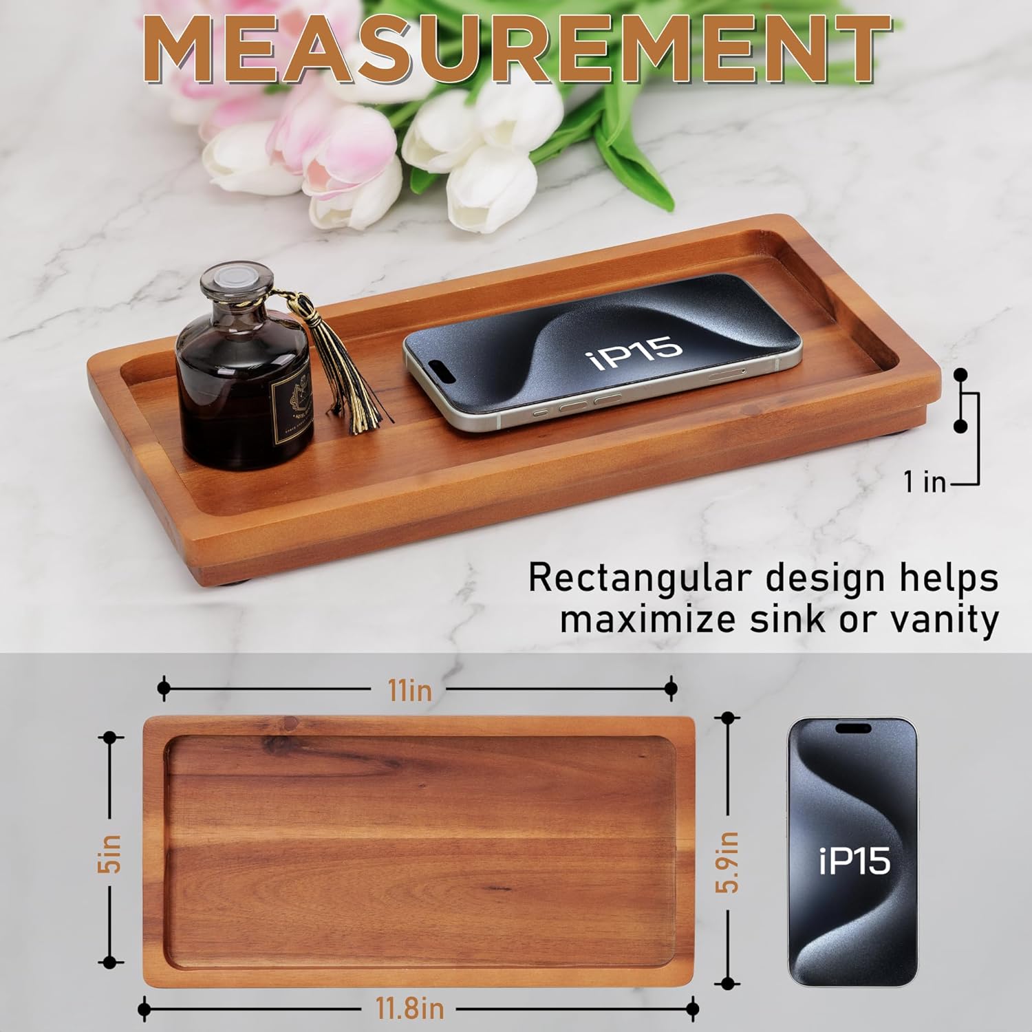 Natural Acacia Wood Vanity Tray - 118 x 59 Inch Elegant Organizer