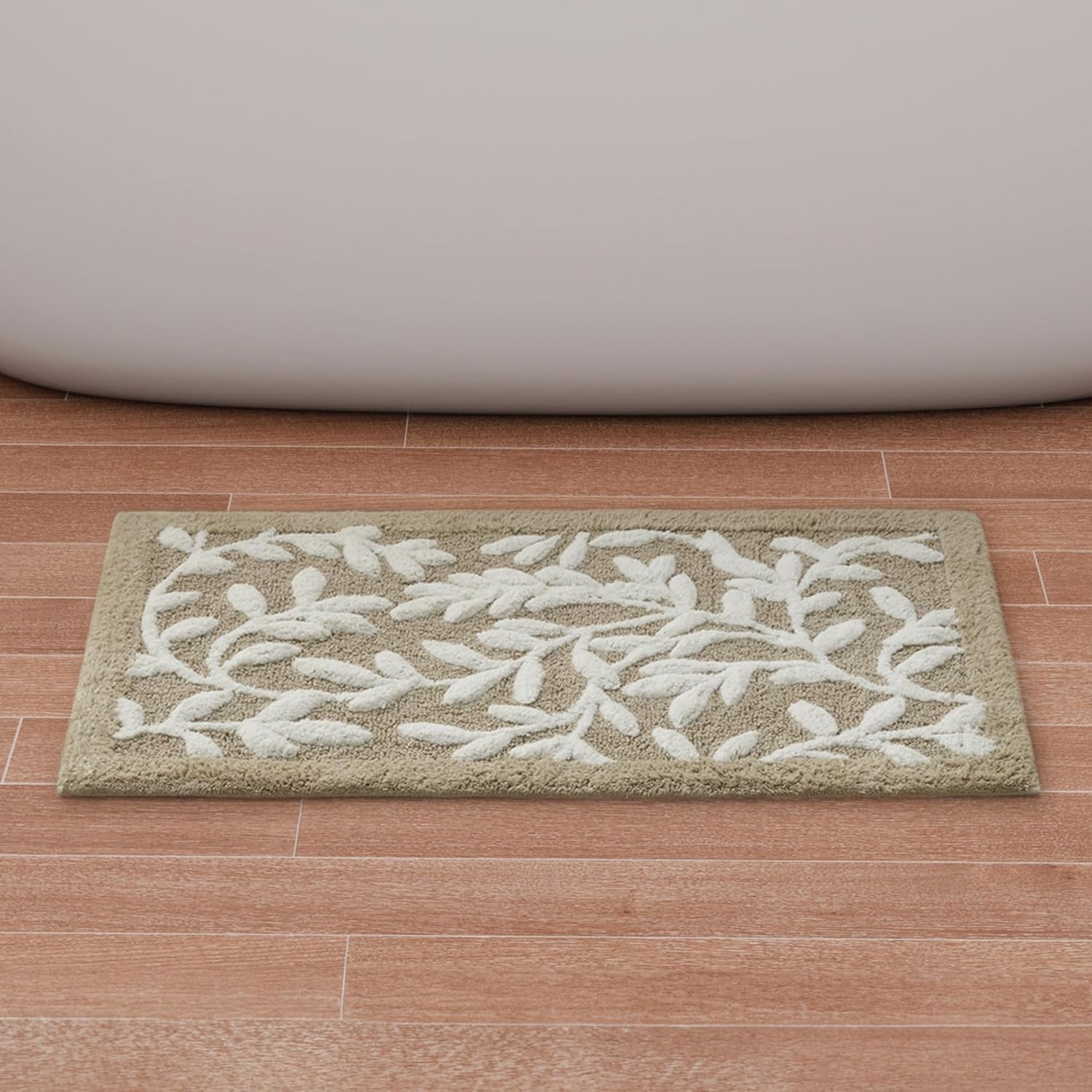 Madison Park Serene Cotton Tufted Bathroom Rug - Floral Leaf Design 21x34 Taupe