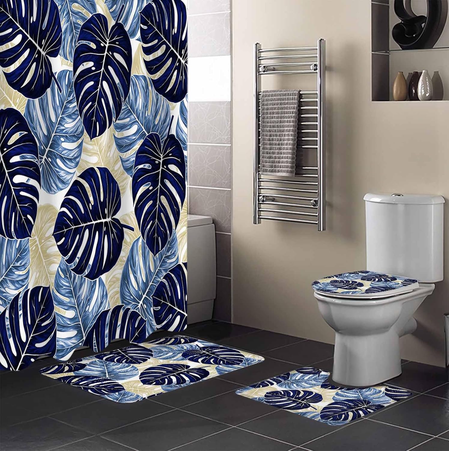 Navy Palm Leaf Bathroom Set with Curtain Rug and Accessories