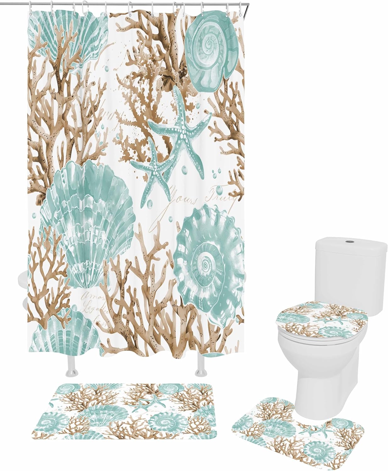 Turquoise Starfish Bathroom Set with Curtain Rug and Accessories