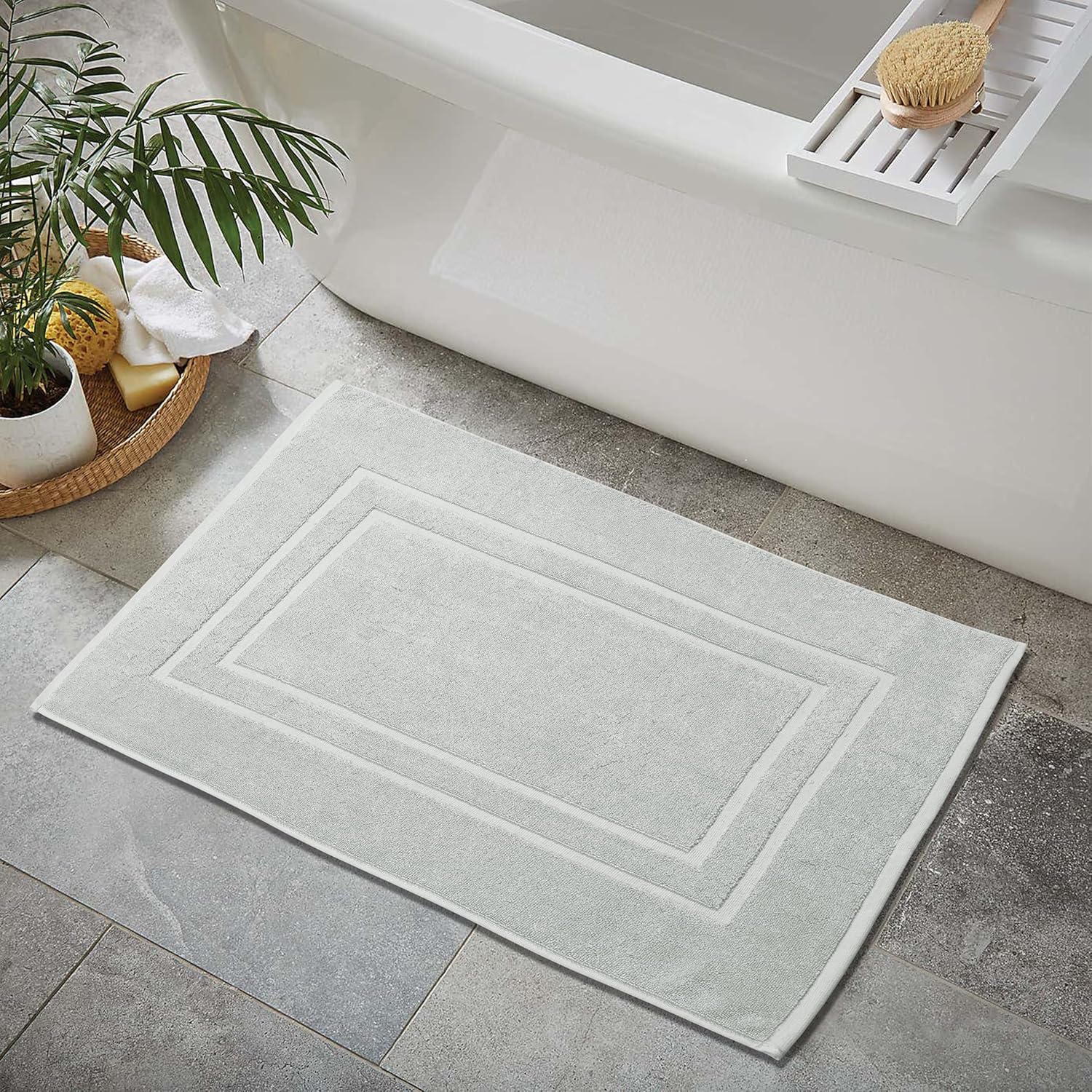 Feather Stitch 2 Piece Bath Mat Set - Silver Birch