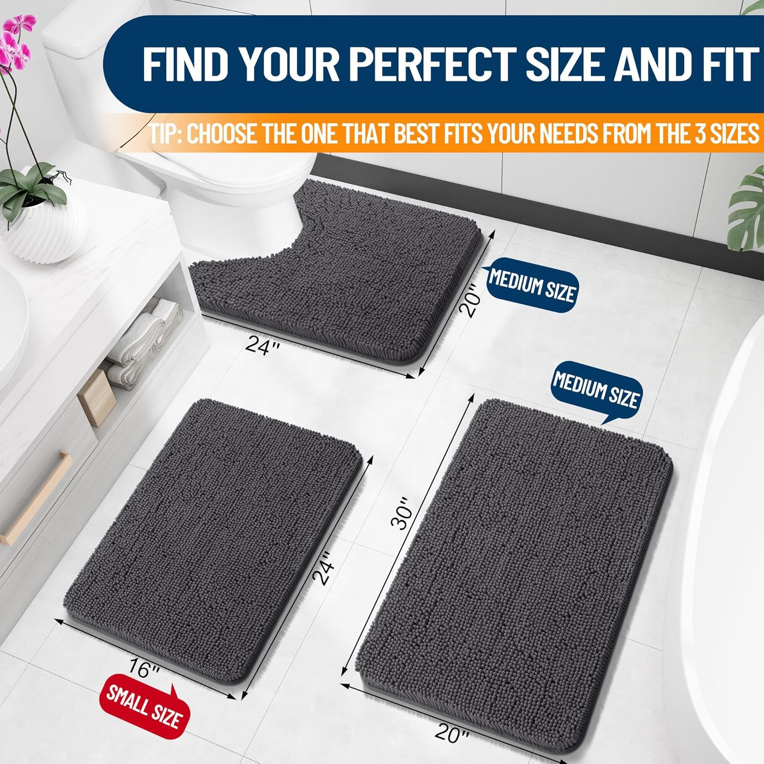 OLANLY Dark Grey 30x20 Chenille Bath Rug 1