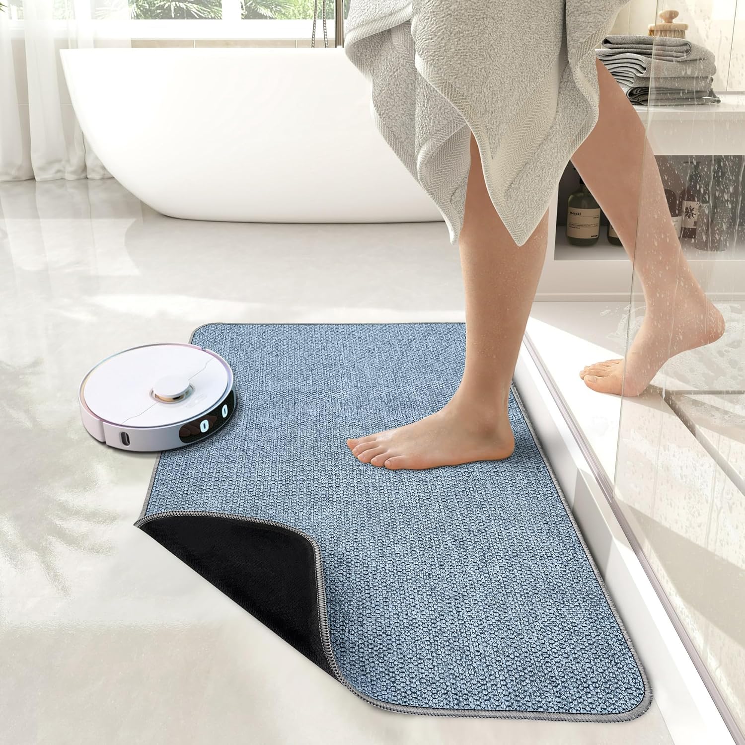 ULTRA THIN BATH MAT WITH RUBBER BACKING Blue 20x32