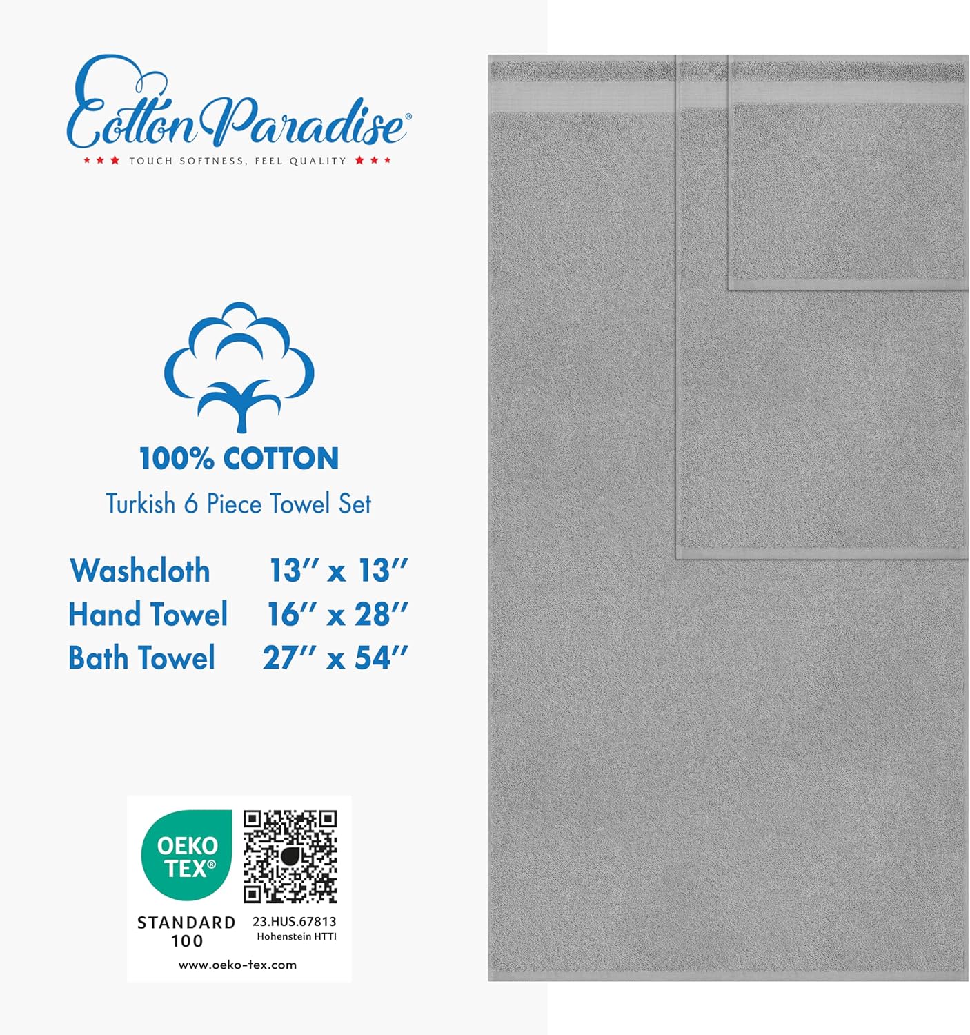 Cotton Paradise 6 Piece Towel Set - Light Gray 100 Cotton Bath Towels