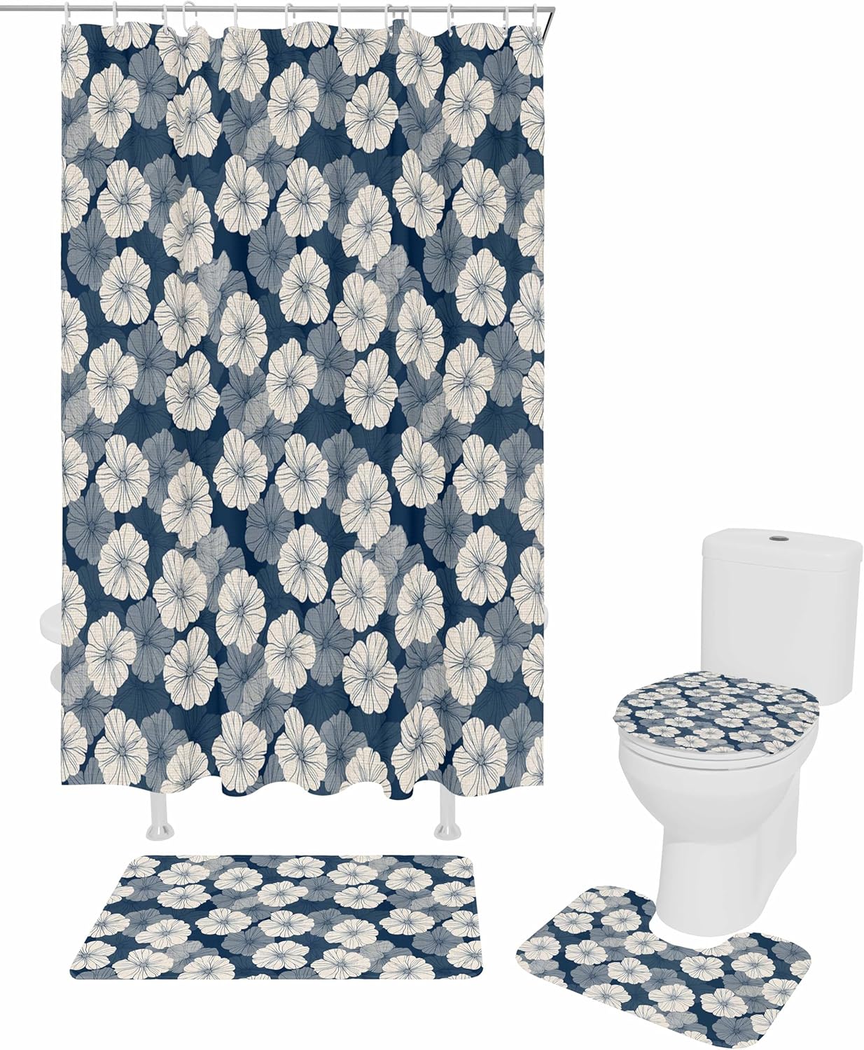 ZOE GARDEN Blue Beige Bathroom Set with Curtain Rug and Accessories