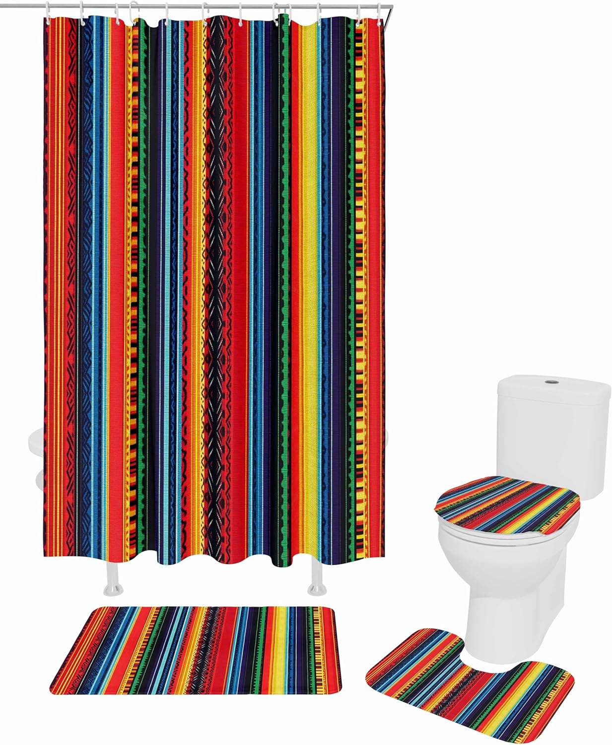 Rainbow Stripe Bathroom Set with Curtain Rug Hooks