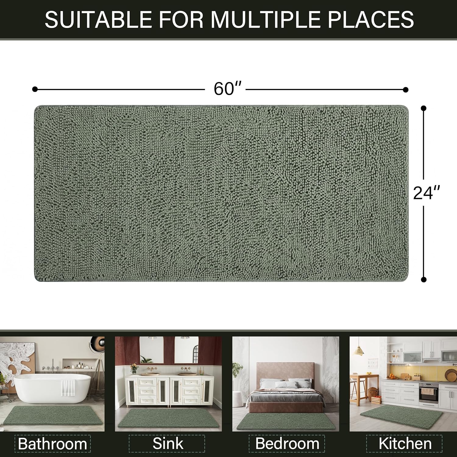 LOCHAS Sage Green Shaggy Bath Mat 24 x 60 Inch