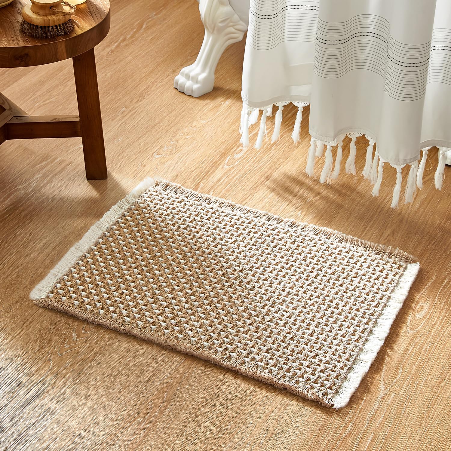 Boho Style Khaki and White Bath Rug 24x16