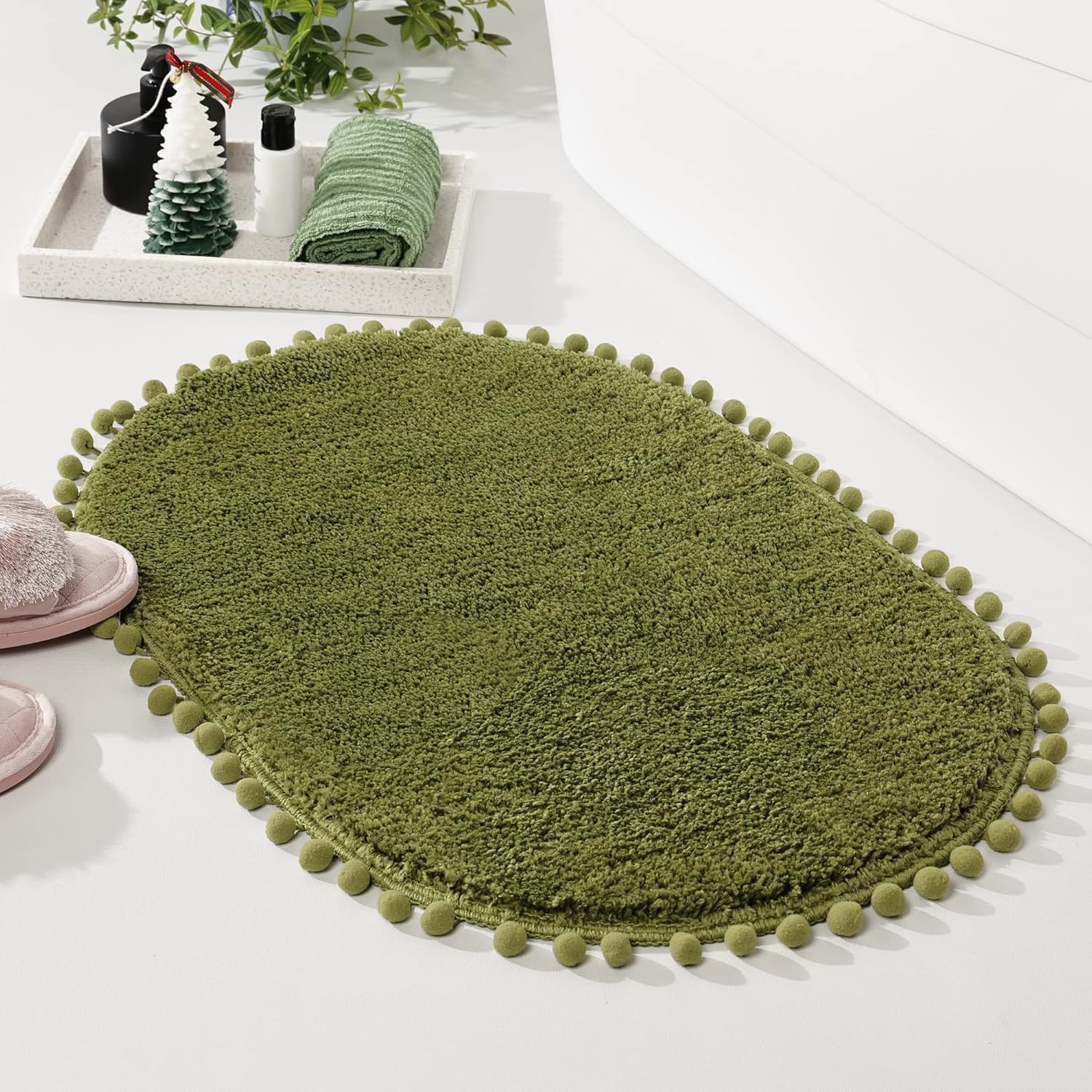YIRDDEO Olive Green Pom Bath Rug for Bathroom