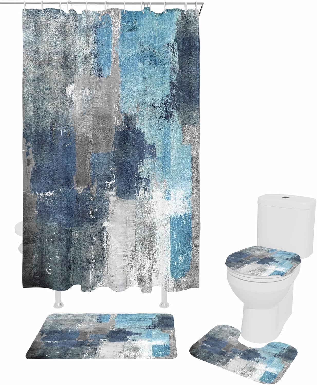 ZOE GARDEN Blue Grey Bathroom Set with Shower Curtain and Rug 1