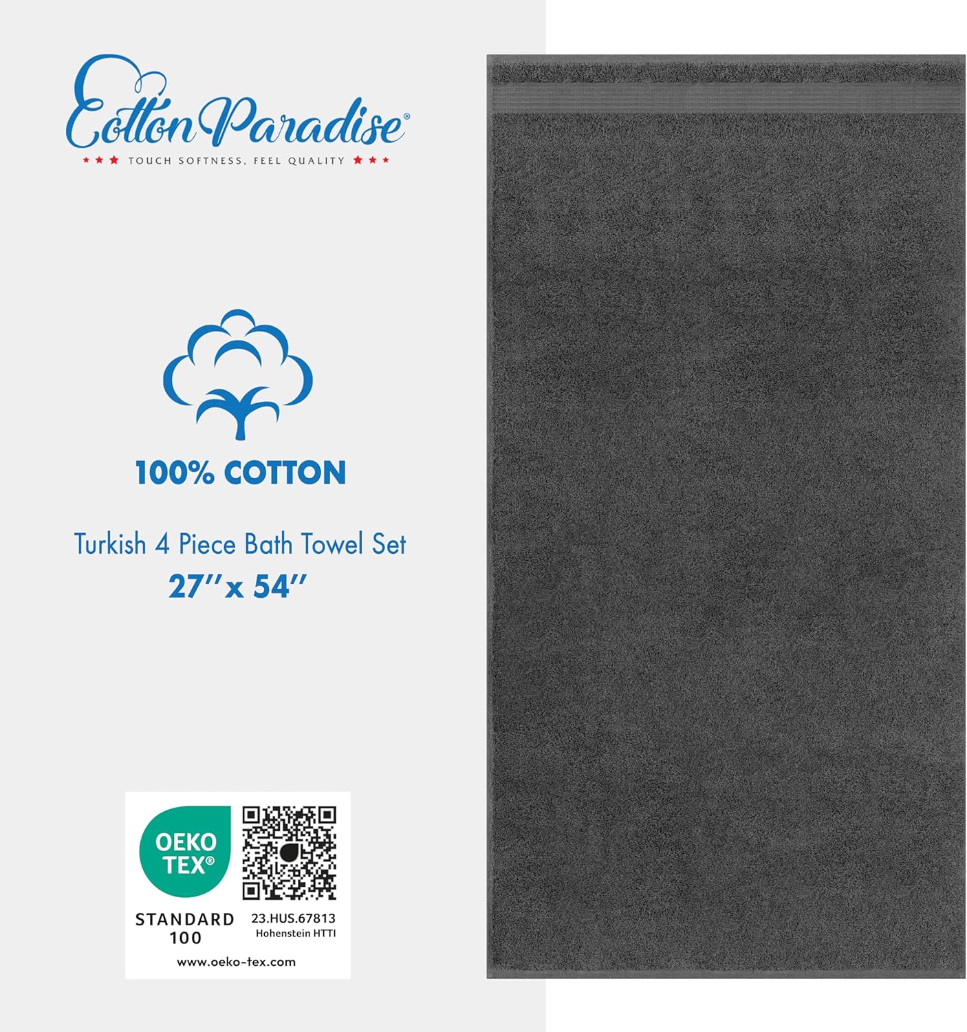 Cotton Paradise 4 Piece Turkish Bath Towels Dark Gray