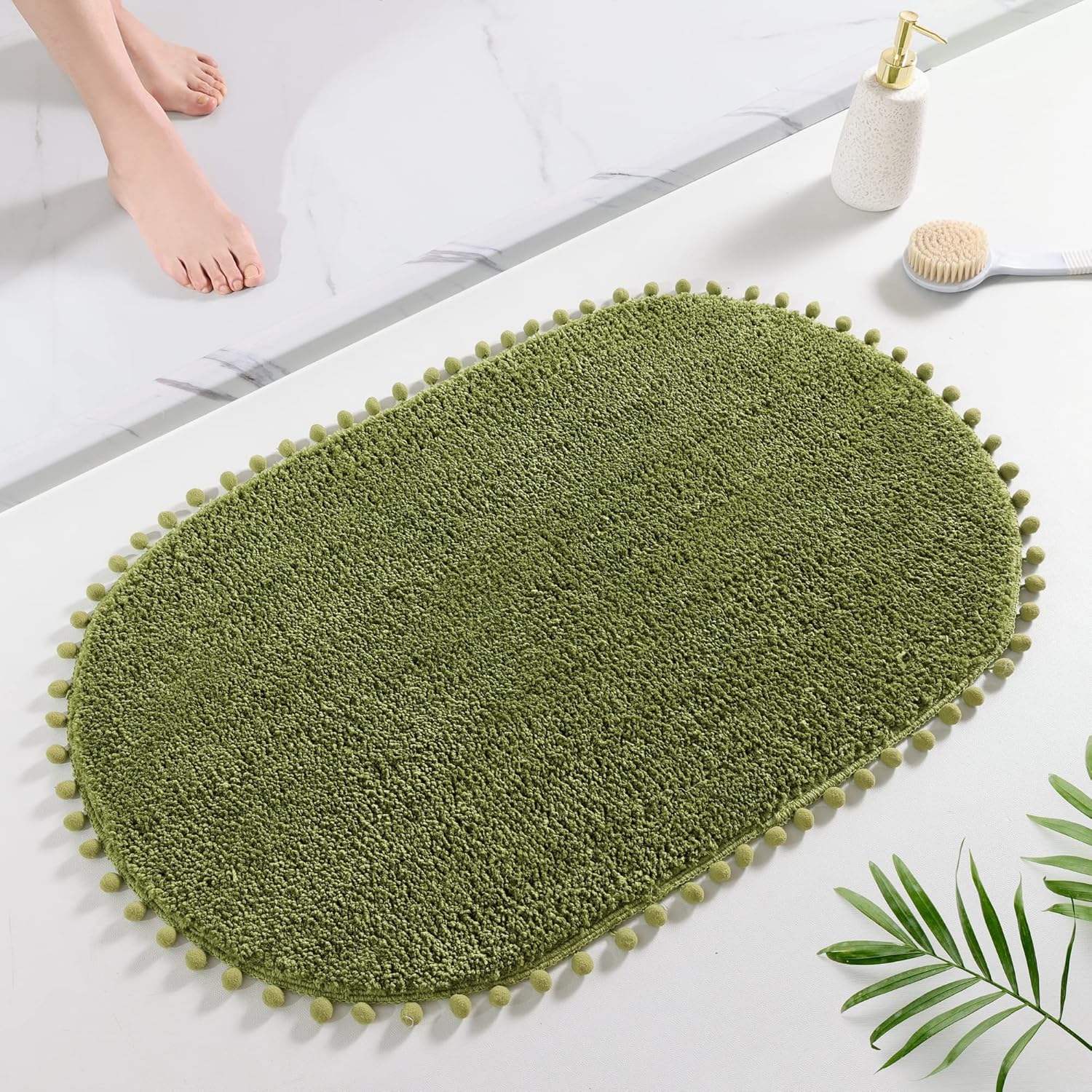 YIRDDEO Olive Green Pom Bath Rug for Bathroom