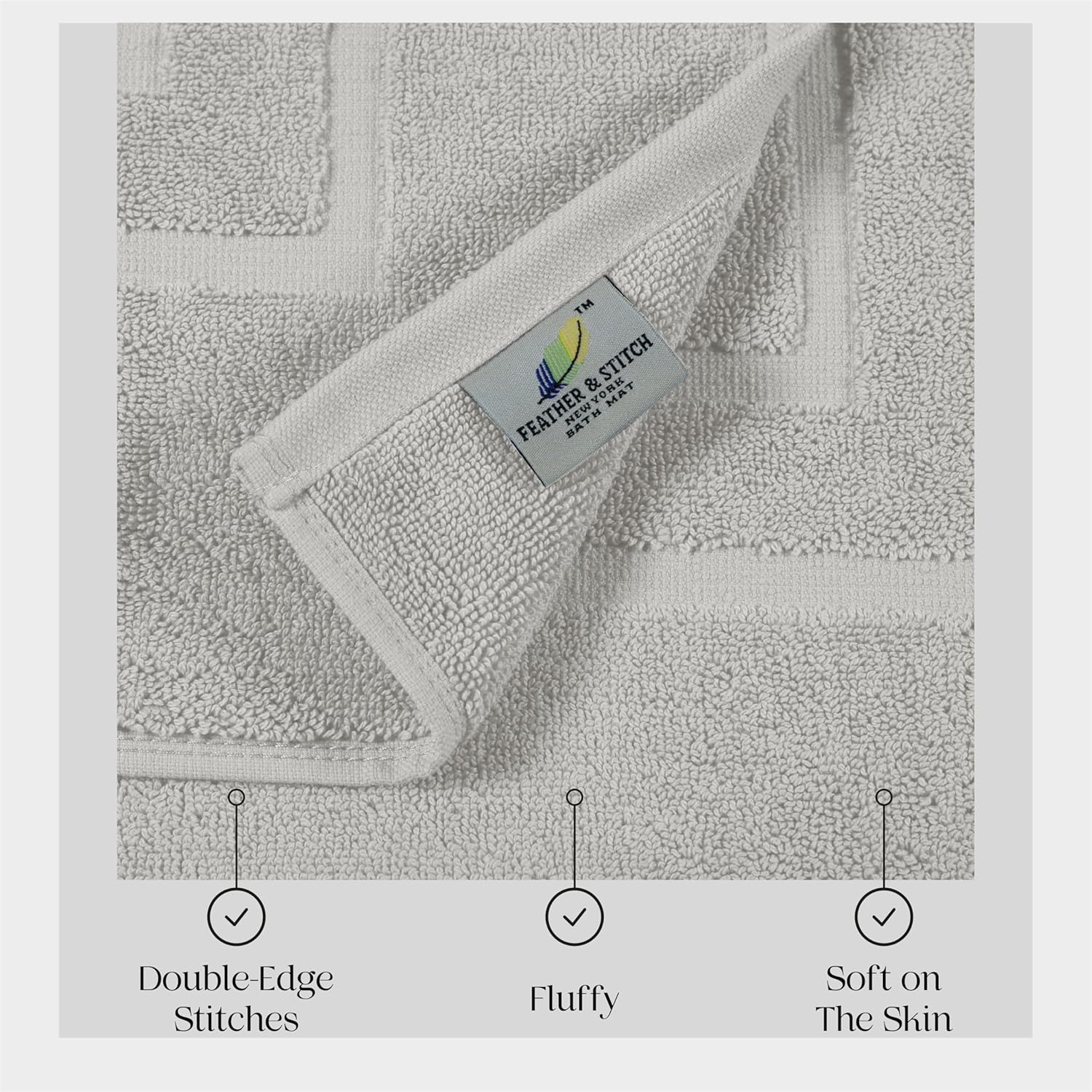 Feather Stitch 100 Cotton Bath Mats 2 Piece Set - Silver