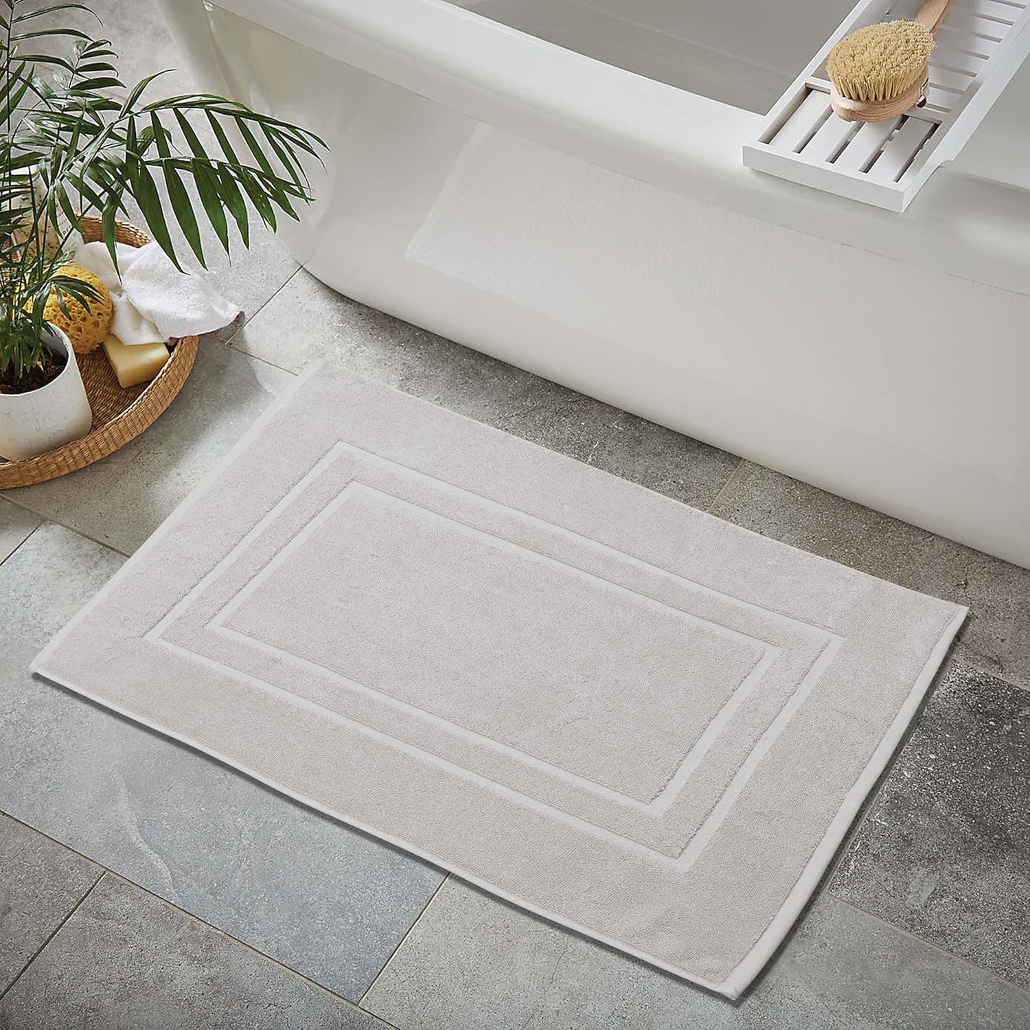 Feather Stitch 100 Cotton Bath Mats 2 Piece Set - Silver