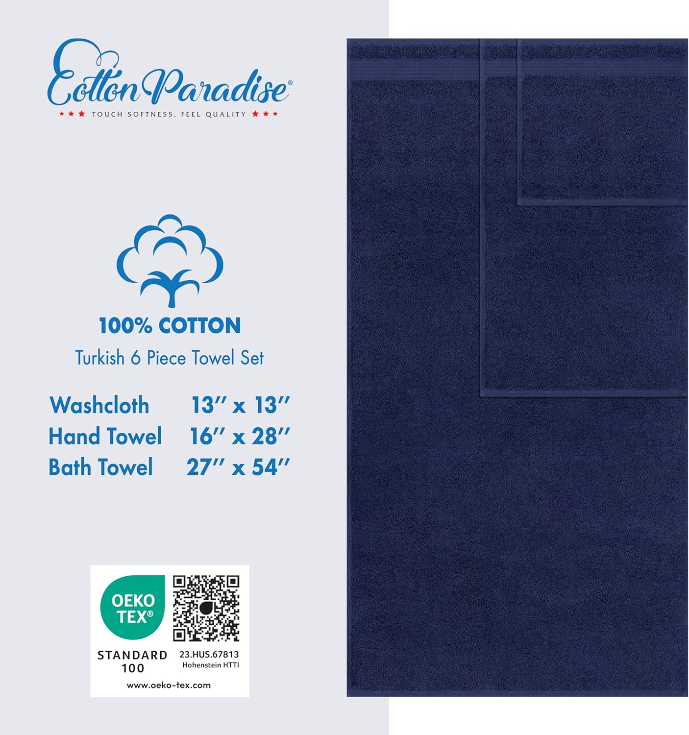 Cotton Paradise 6 Piece Towel Set Navy Blue